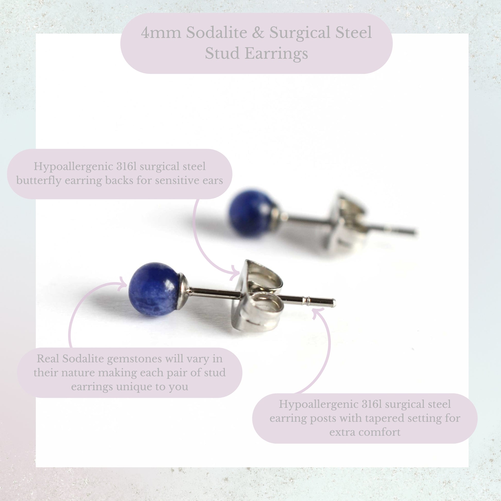 Product information graphic for 4mm Sodalite & surgical steel stud earrings