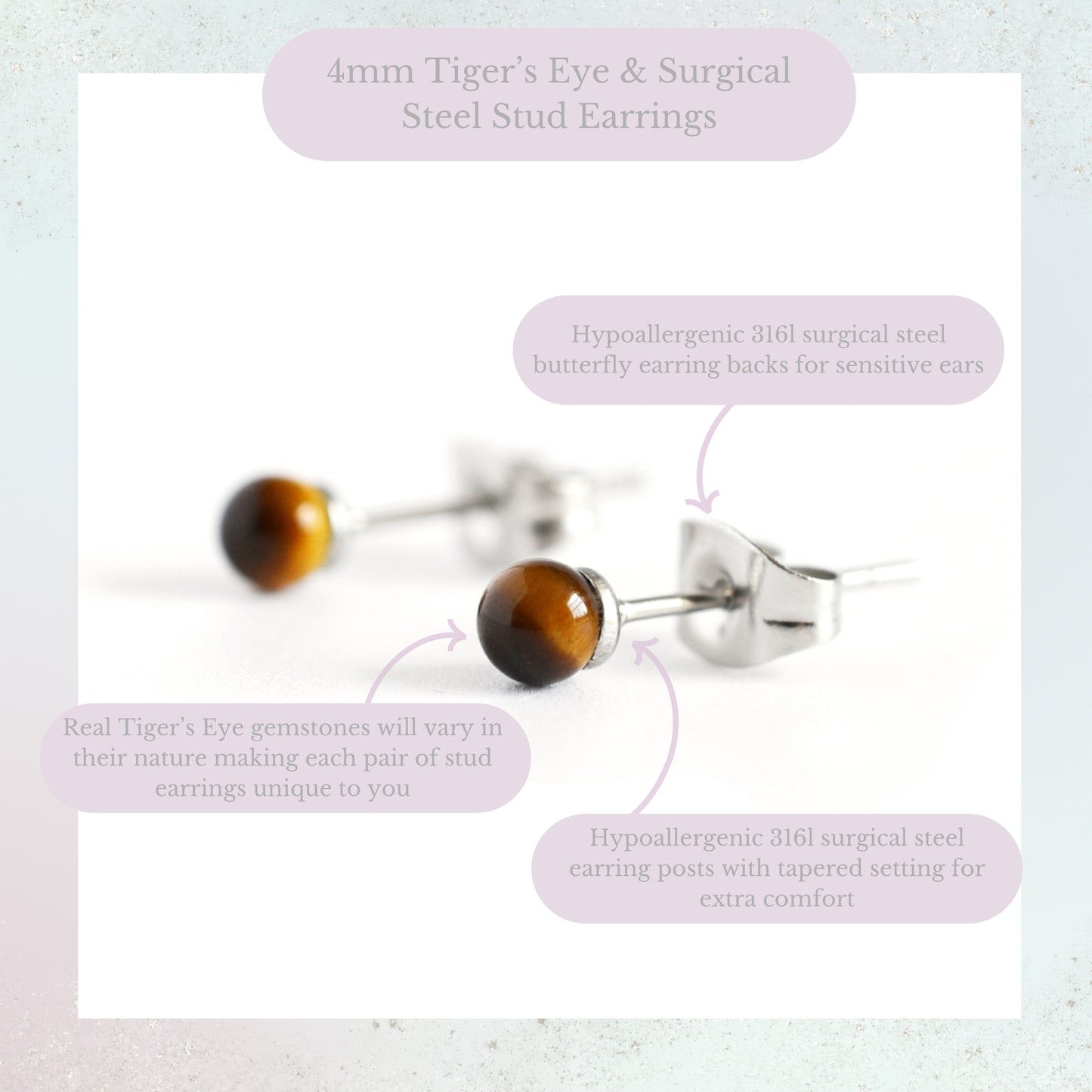 Product information graphic for 4mm Tiger's Eye & surgical steel stud earrings