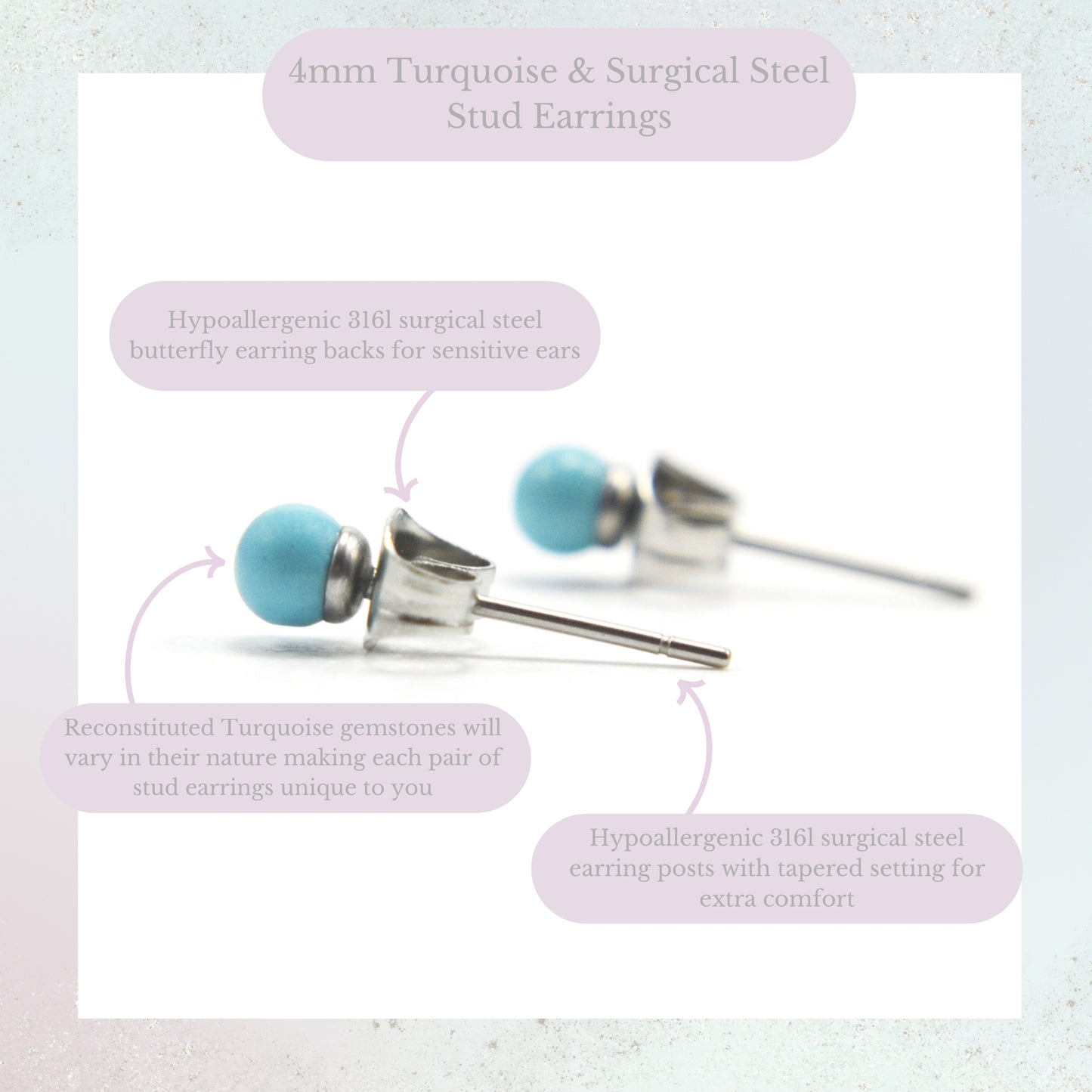 Product information graphic for 4mm Turquoise & surgical steel stud earrings