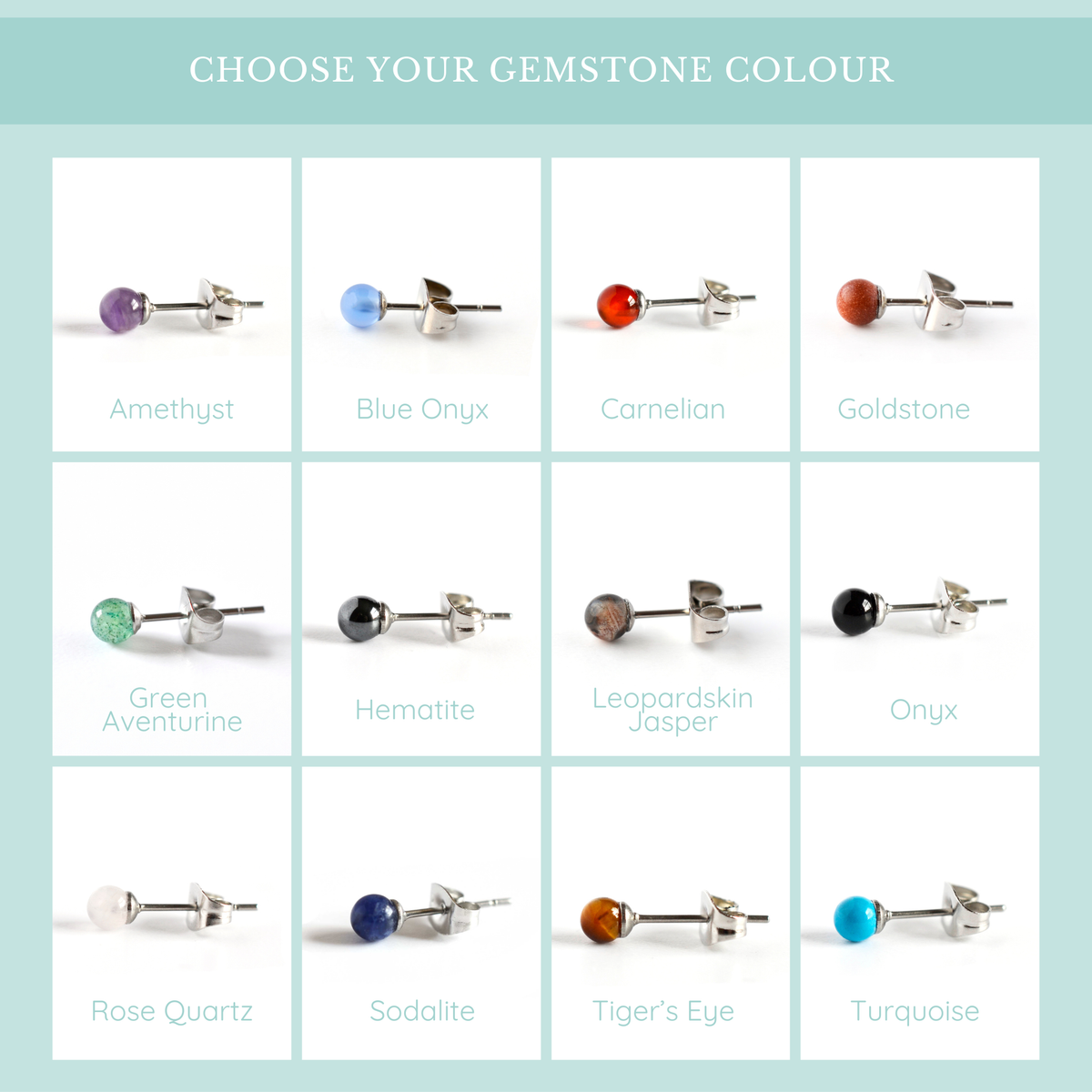 A color selection chart showing twelve gemstone stud earrings arranged in a grid on a pale aqua background.