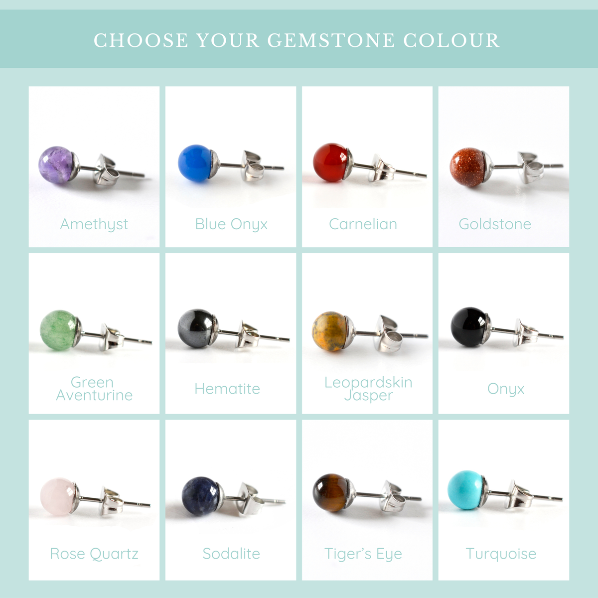 A color selection chart for 6mm single gemstone stud earrings, showing twelve different gemstones labeled with their names: Amethyst, Blue Onyx, Carnelian, Goldstone, Green Aventurine, Hematite, Leopardskin Jasper, Onyx, Rose Quartz, Sodalite, Tiger's Eye, and Turquoise.