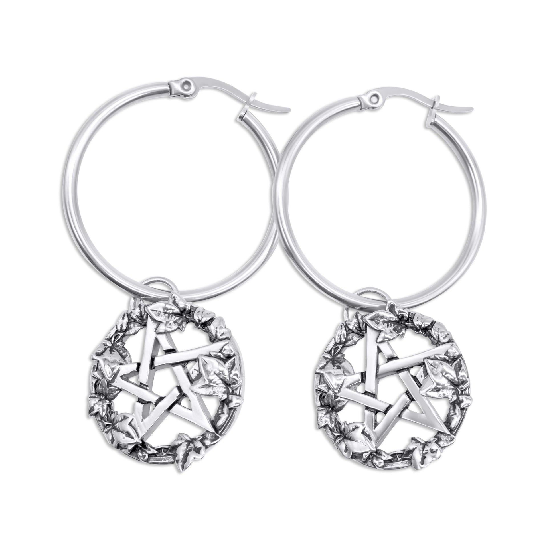 Steel hoop earrings with star-shaped designs on a white background