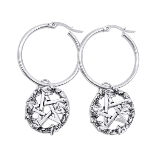 Steel hoop earrings with star-shaped designs on a white background
