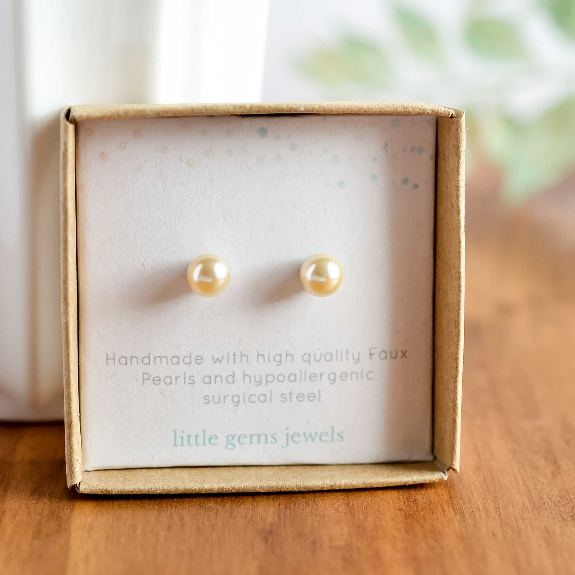 6mm cream faux pearl stud earrings in eco friendly gift box