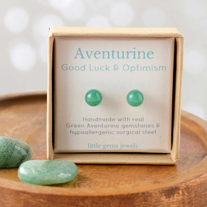 Green Aventurine ball stud earrings for good luck and optimism in eco friendly gift box.