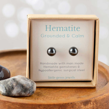 Hematite gemstone for grounding & calm stud earrings in eco friendly gift box.