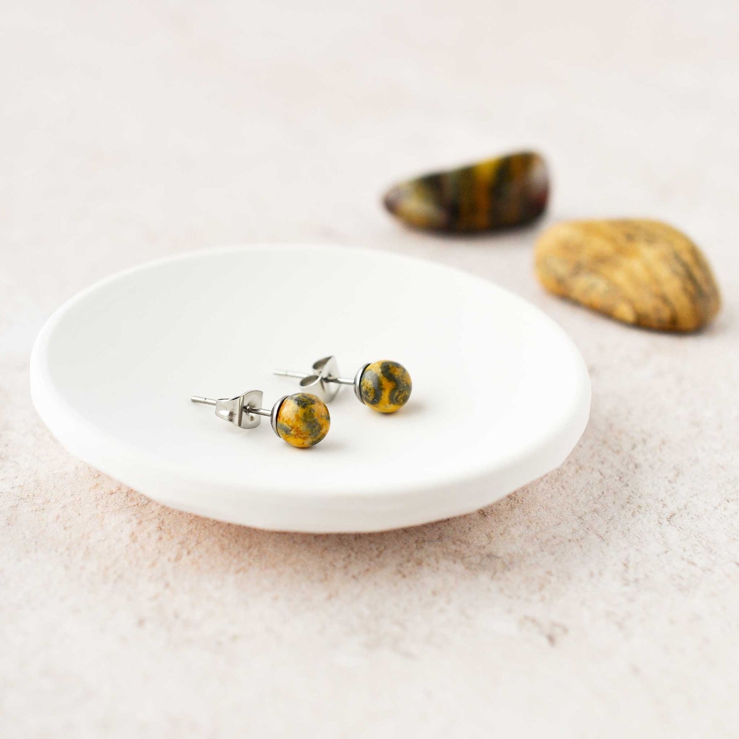 6mm Jasper gemstone ball stud earrings in trinket dish