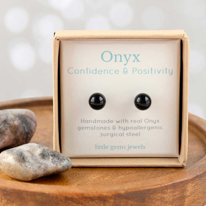Onyx gemstone for confidence & positivity stud earrings in eco friendly gift box.