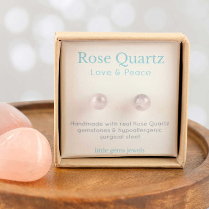 Rose Quartz gemstone for love & peace stud earrings in eco friendly gift box.