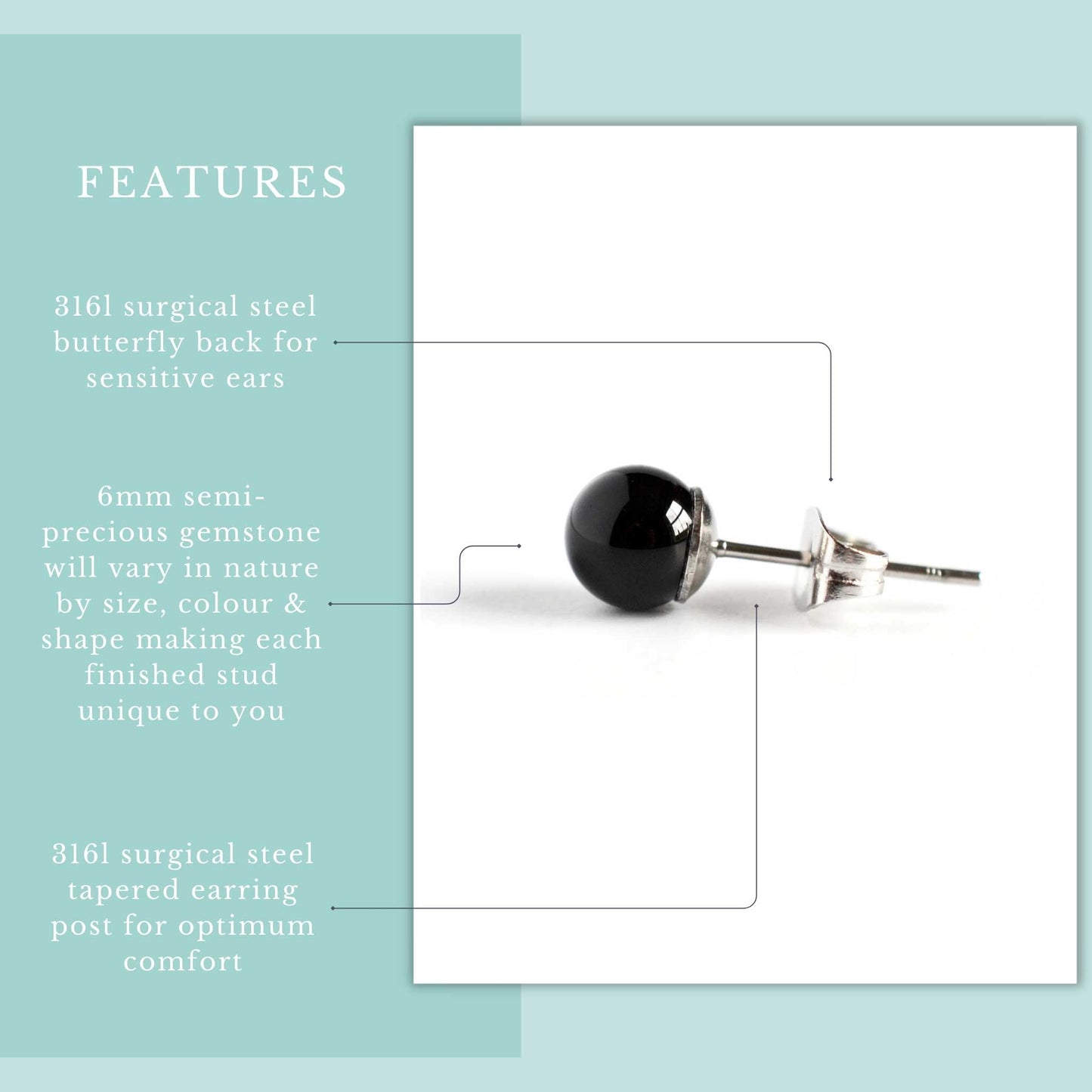 6mm gemstone stud earring features graphic - hypoallergenic surgical steel & semi-precious gemstones.