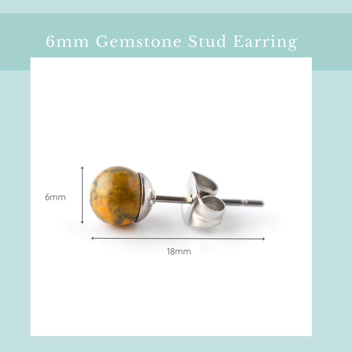 6mm gemstone stud earring size guide. Width 6mm, length 18mm.