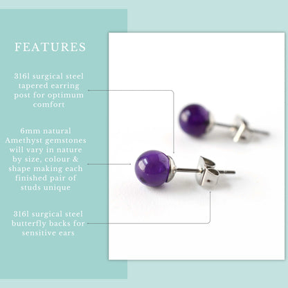 Amethyst gemstone earrings product information guide, real gemstones and hypoallergenic surgical steel
