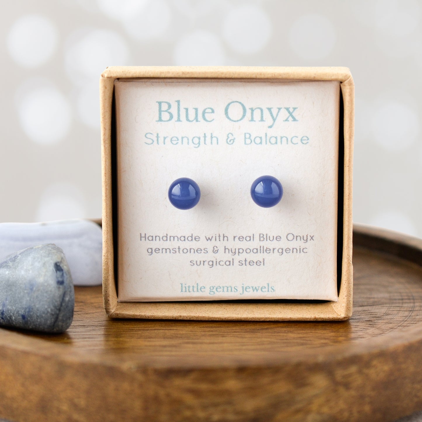 Blue Onyx gemstone ball stud earrings in gift box