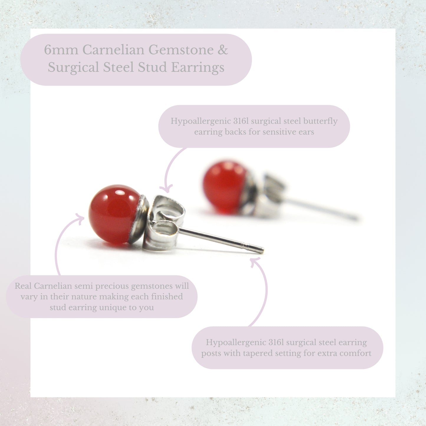6mm Carnelian Gemstone & Surgical Steel Stud Earrings Product Information Graphic