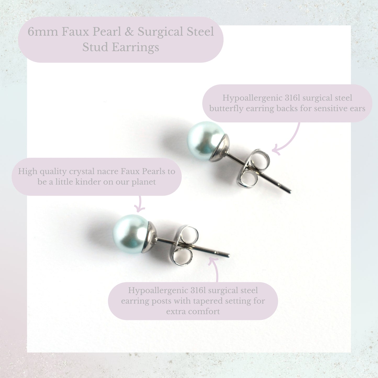 6mm faux pearl and surgical steel stud earrings product information