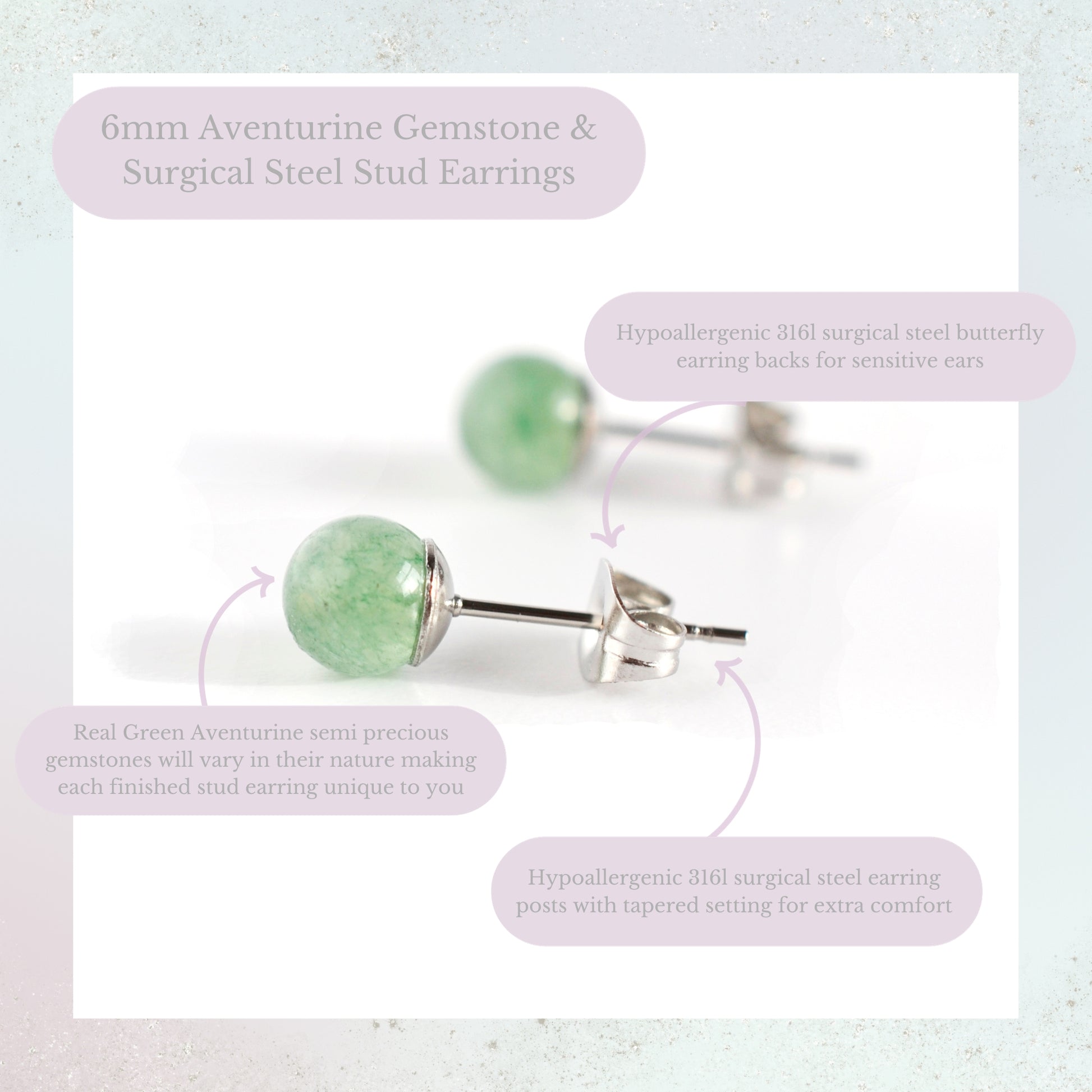 6mm Green Aventurine Gemstone & Surgical Steel Stud Earrings Product Information Graphic