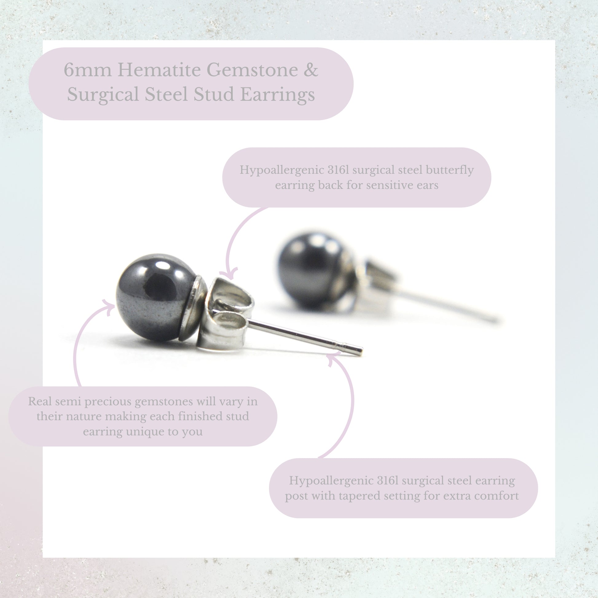 6mm Hematite Gemstone & Surgical Steel Stud Earrings Product Information Graphic