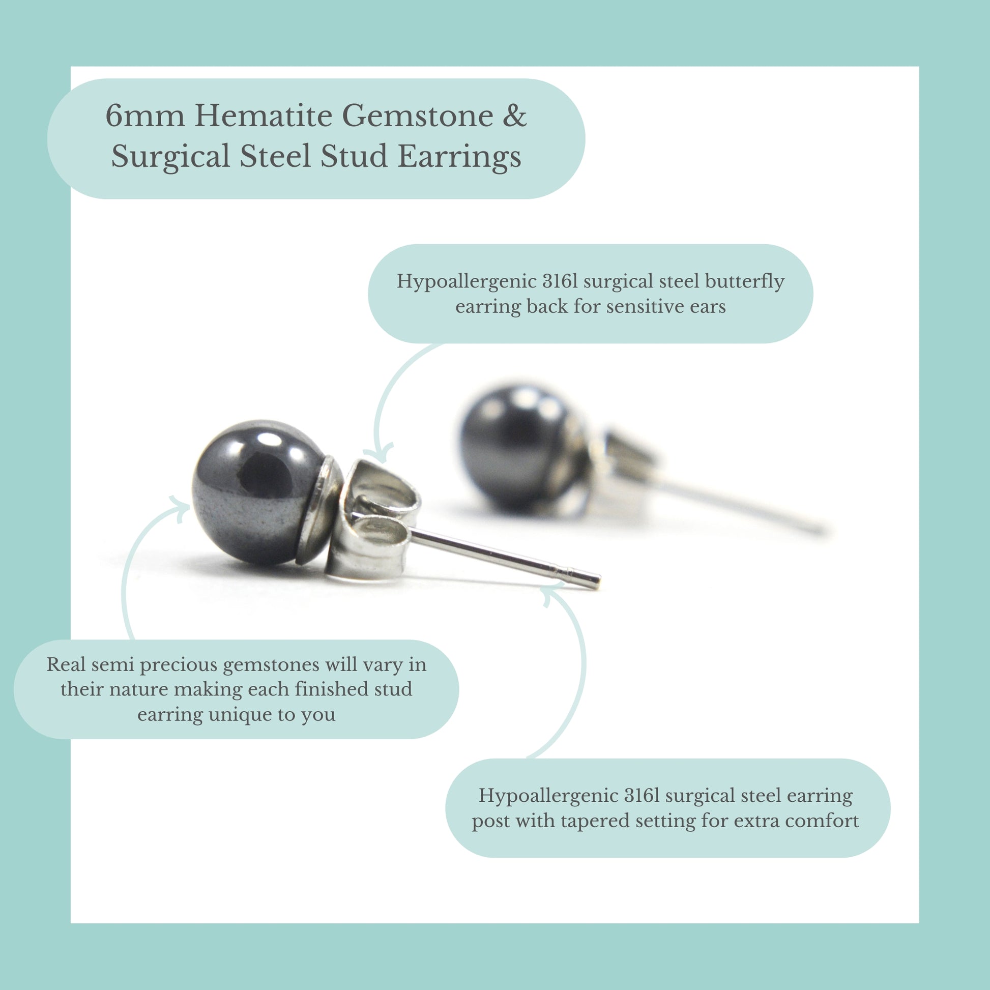 6mm Hematite Gemstone & Surgical Steel Stud Earrings Product Information Graphic