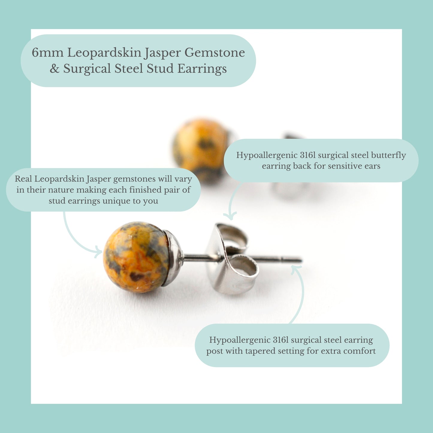 6mm Leopardskin Jasper gemstone & surgical steel stud earrings product information graphic