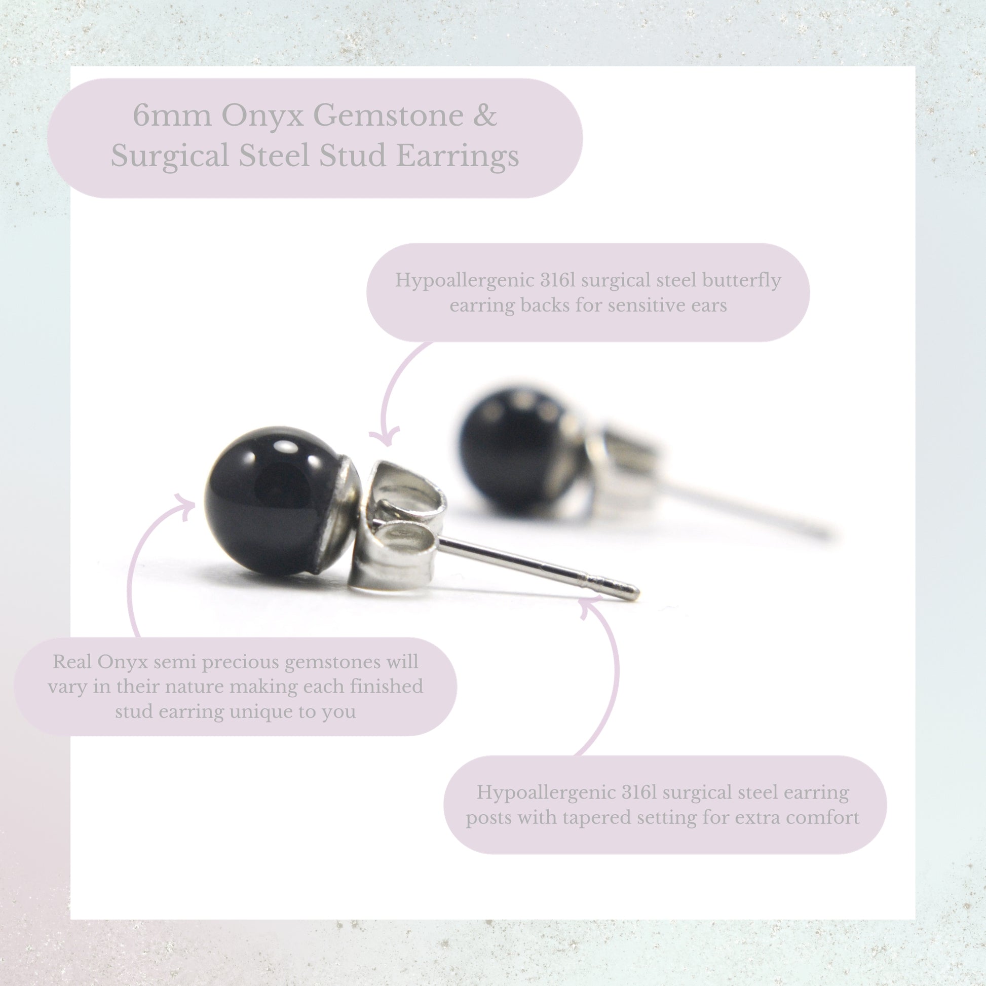 6mm Onyx Gemstone & Surgical Steel Stud Earrings Product Information Graphic