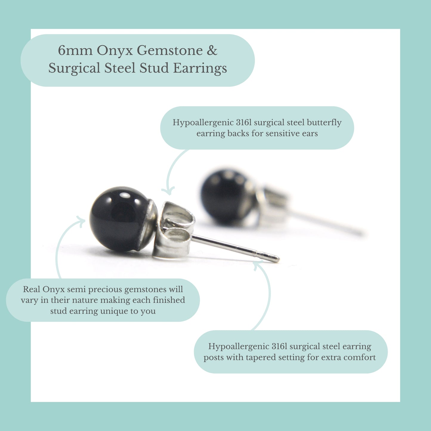 6mm Onyx Gemstone & Surgical Steel Stud Earrings Product Information Graphic