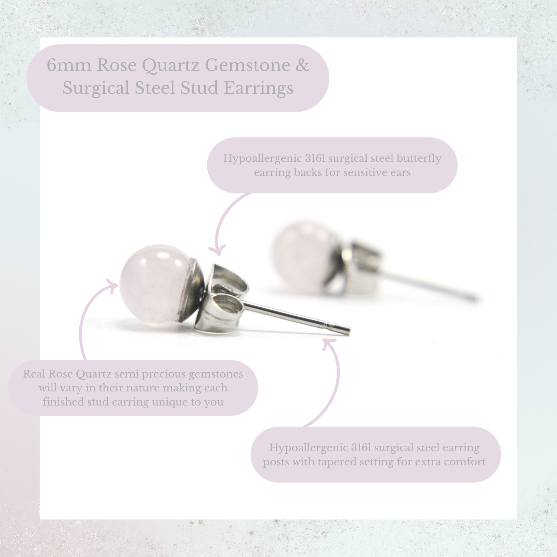 6mm Rose Quartz Gemstone & Surgical Steel Stud Earrings Product Information Graphic