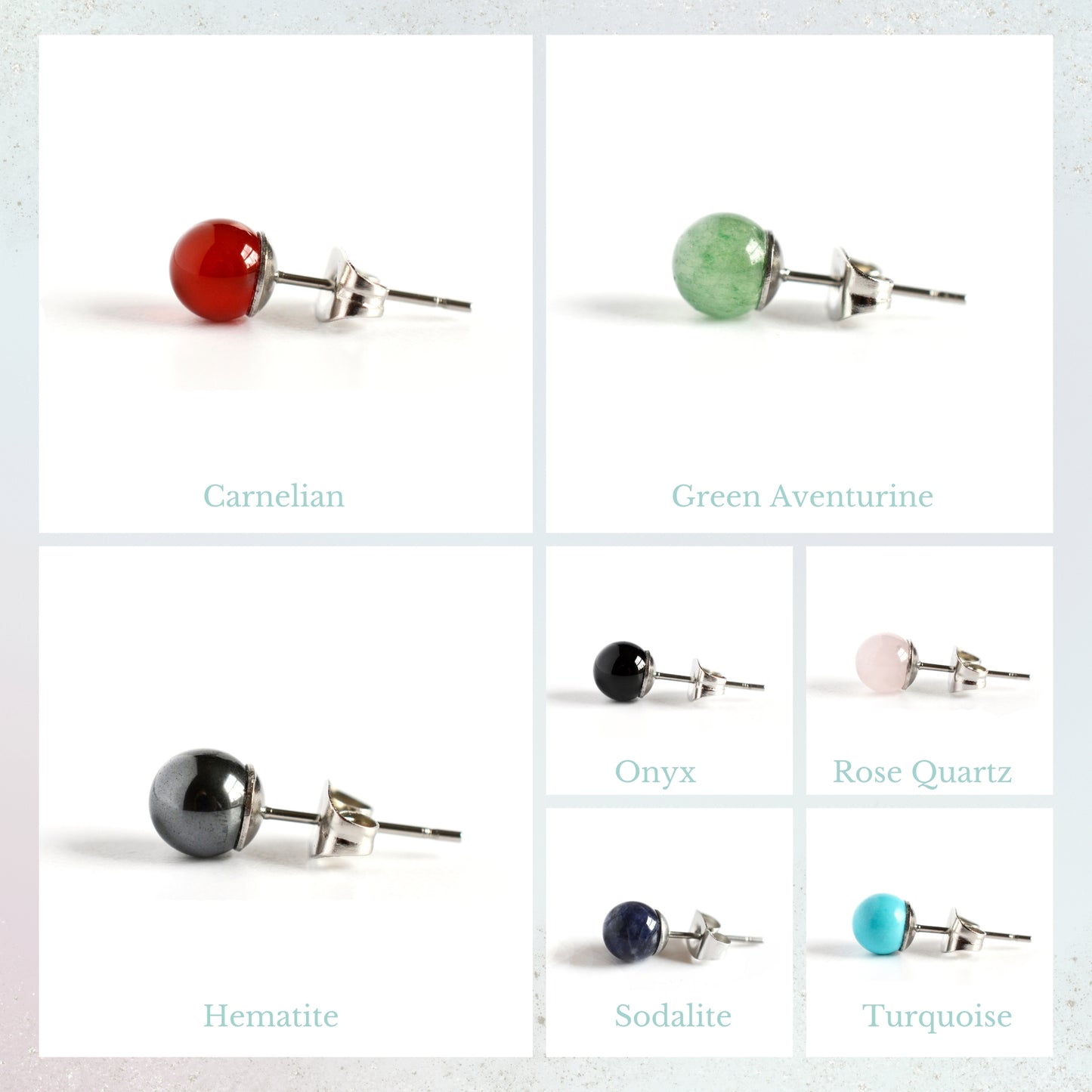 Graphic showing all seven gemstone colours available in 6mm single stud earring