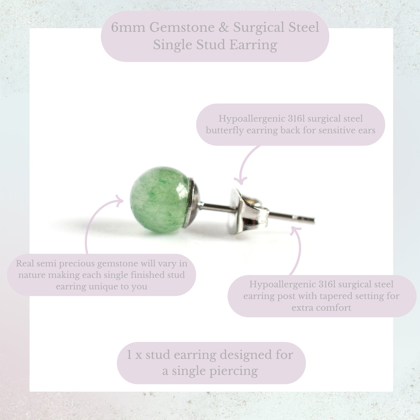Product information graphic for 6mm gemstone & surgical steel single stud earring