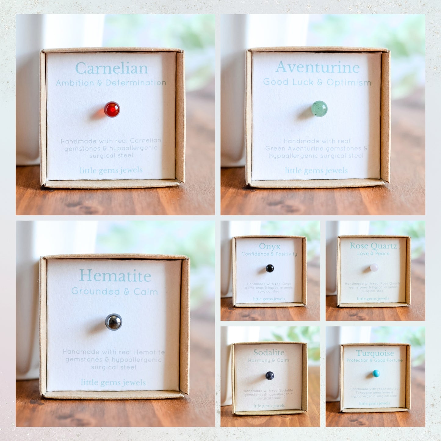 Graphic showing all seven single gemstone studs in their gift boxes