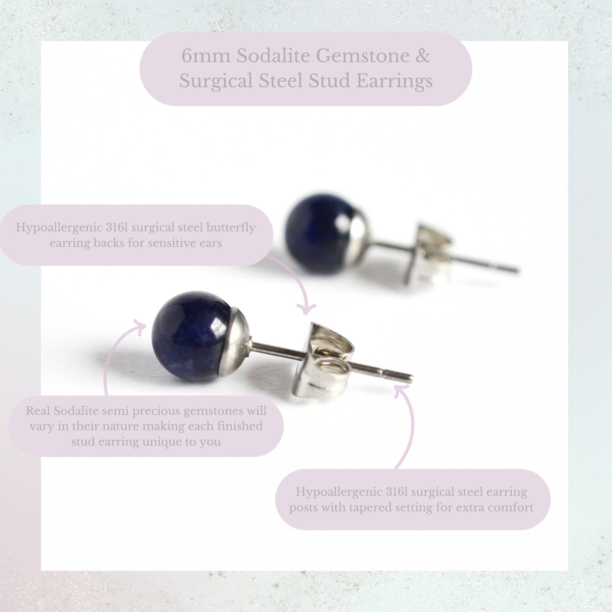 6mm Sodalite Gemstone & Surgical Steel Stud Earrings Product Information Graphic