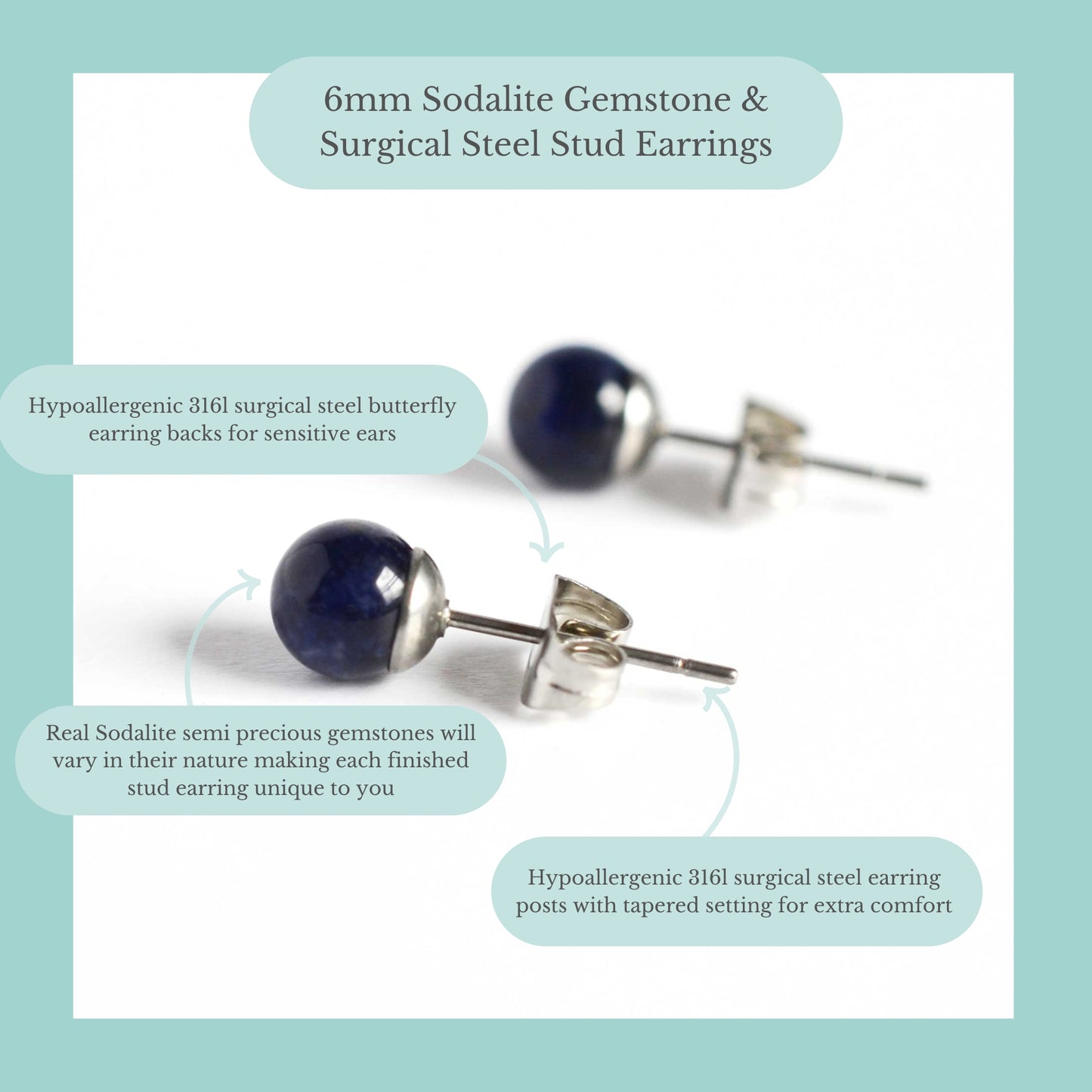 6mm Sodalite Gemstone & Surgical Steel Stud Earrings Product Information Graphic