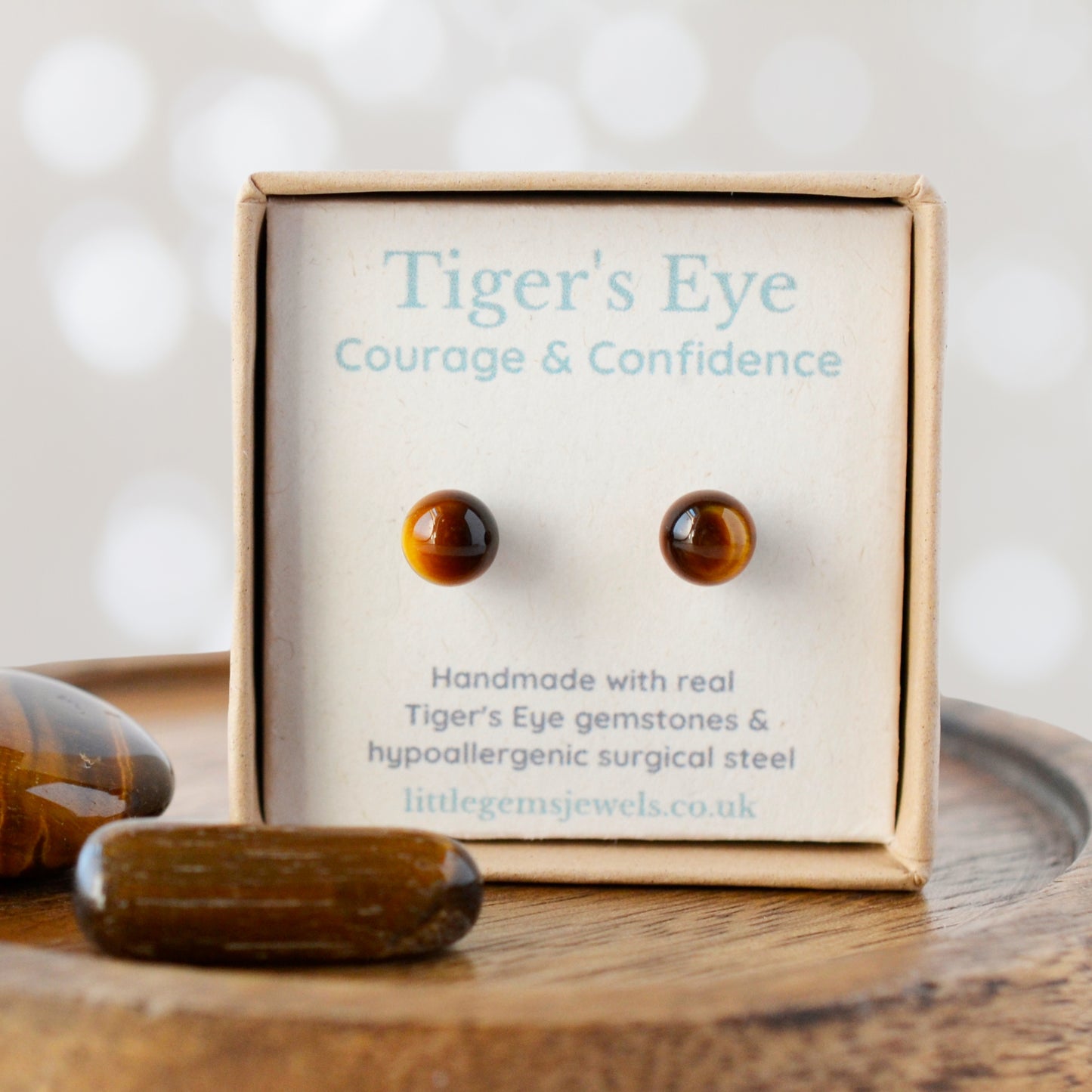 Tigers Eye for courage and confidence gemstone studs in eco friendly gift box.