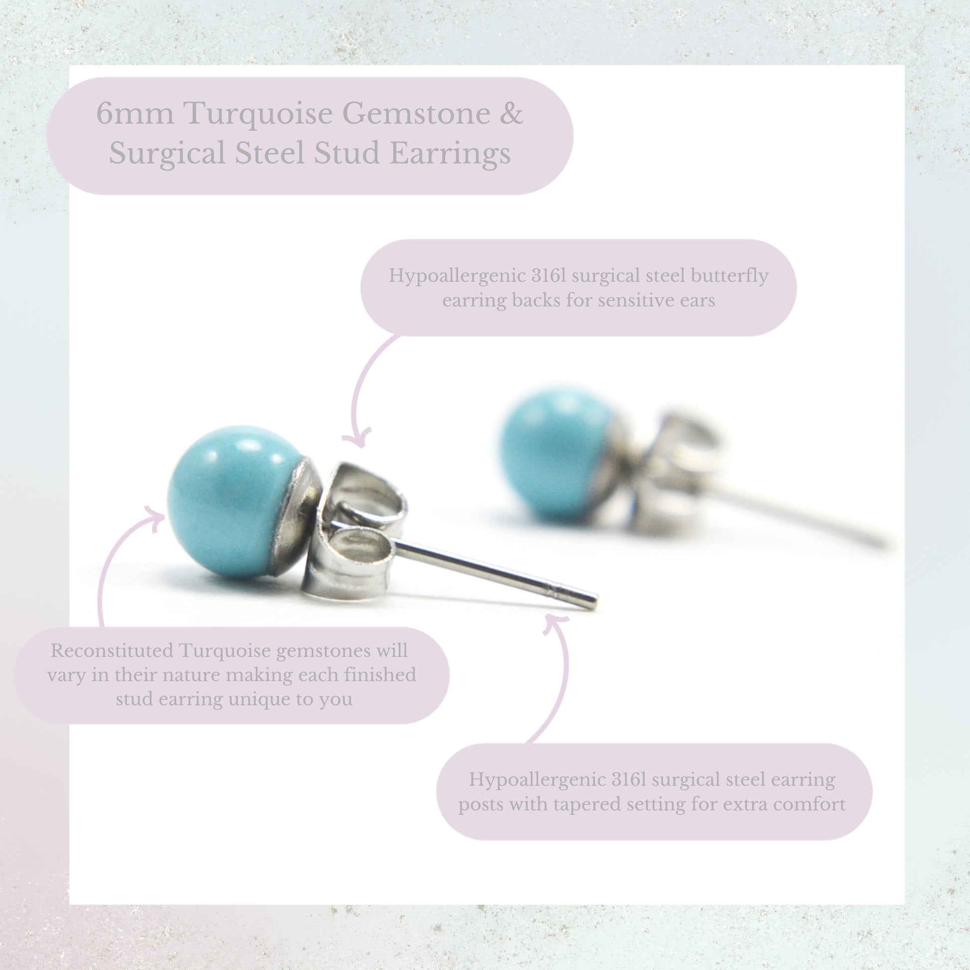 6mm Turquoise Gemstone & Surgical Steel Stud Earrings Product Information Graphic