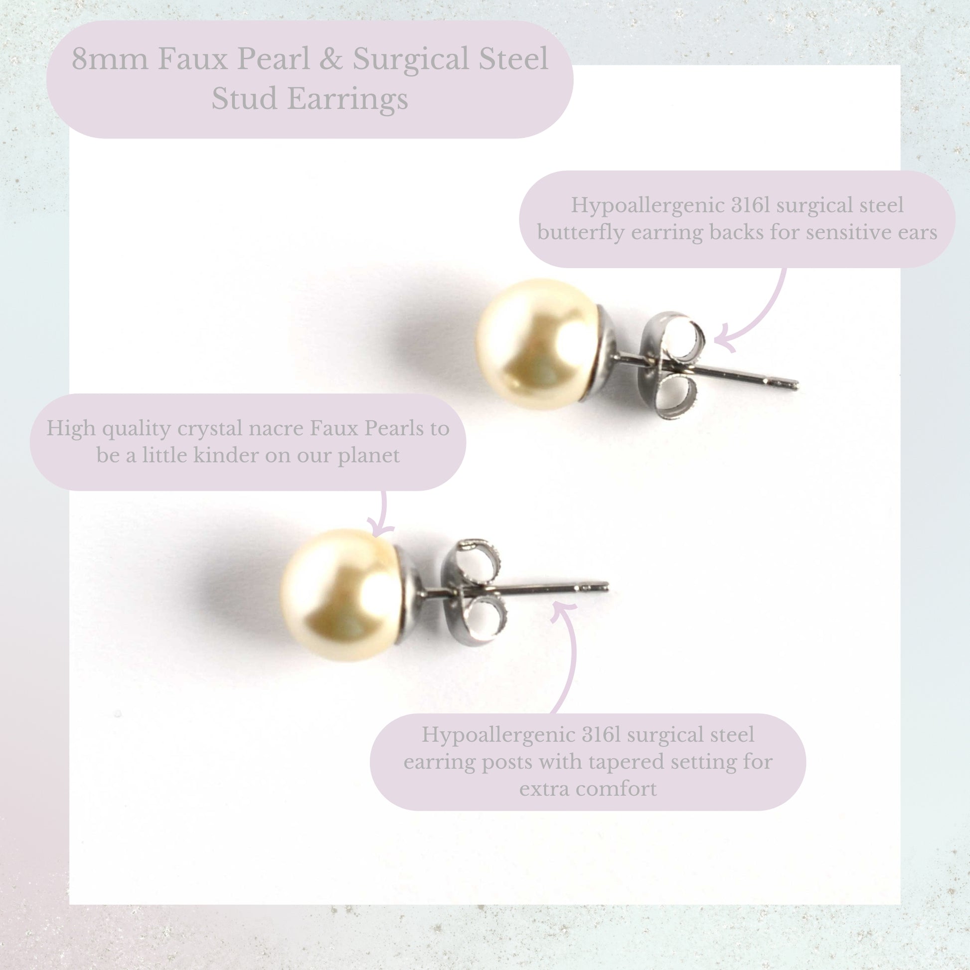 8mm faux pearl and surgical steel product information graphic