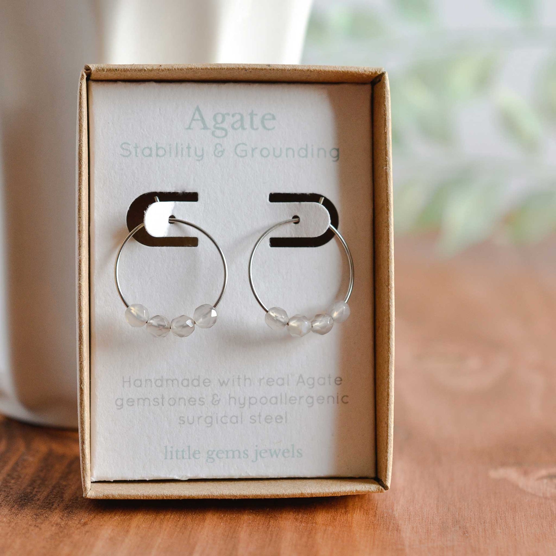 Grey Agate gemstone hoop earrings in gift box