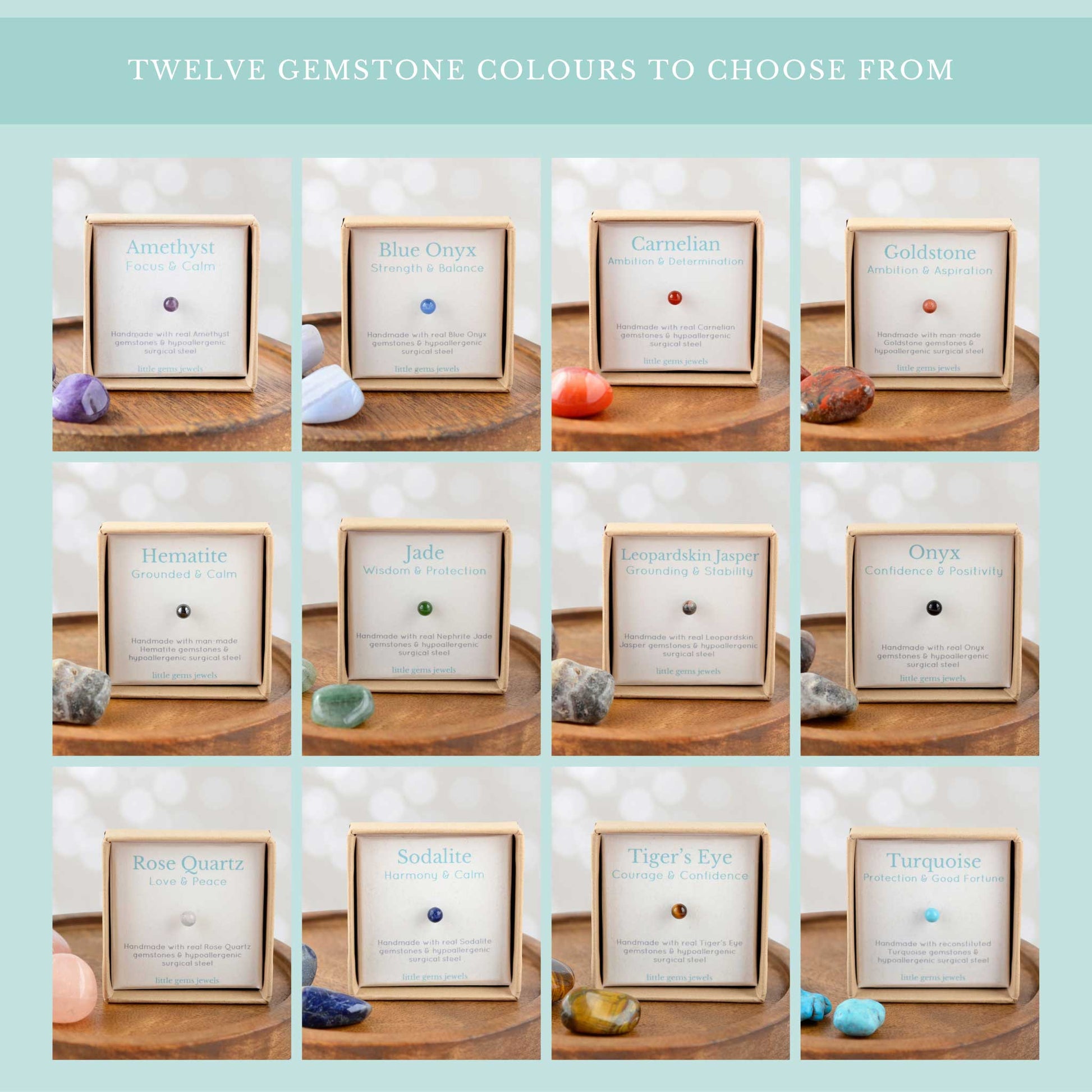 Graphic showing all twelve gemstone single studs in their gift boxes with gemstone meanng cards.