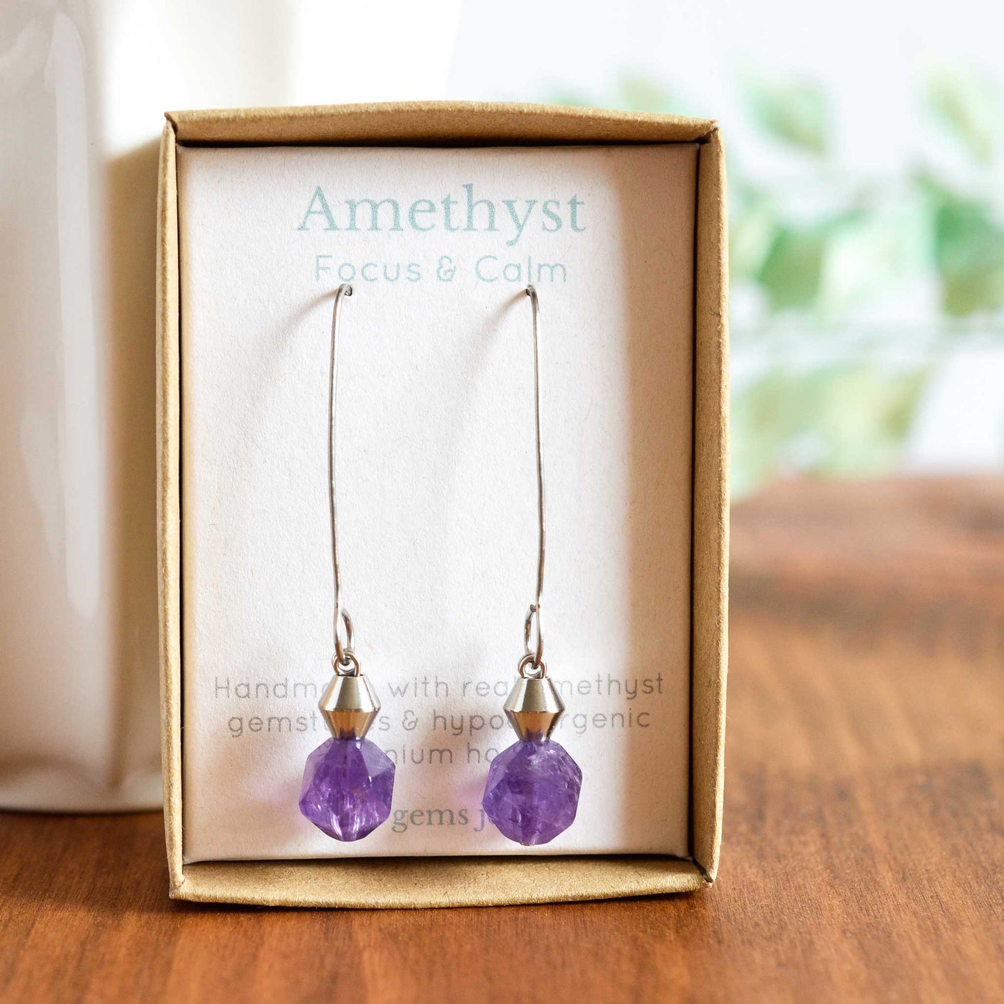 Long Amethyst drop earrings in gift box