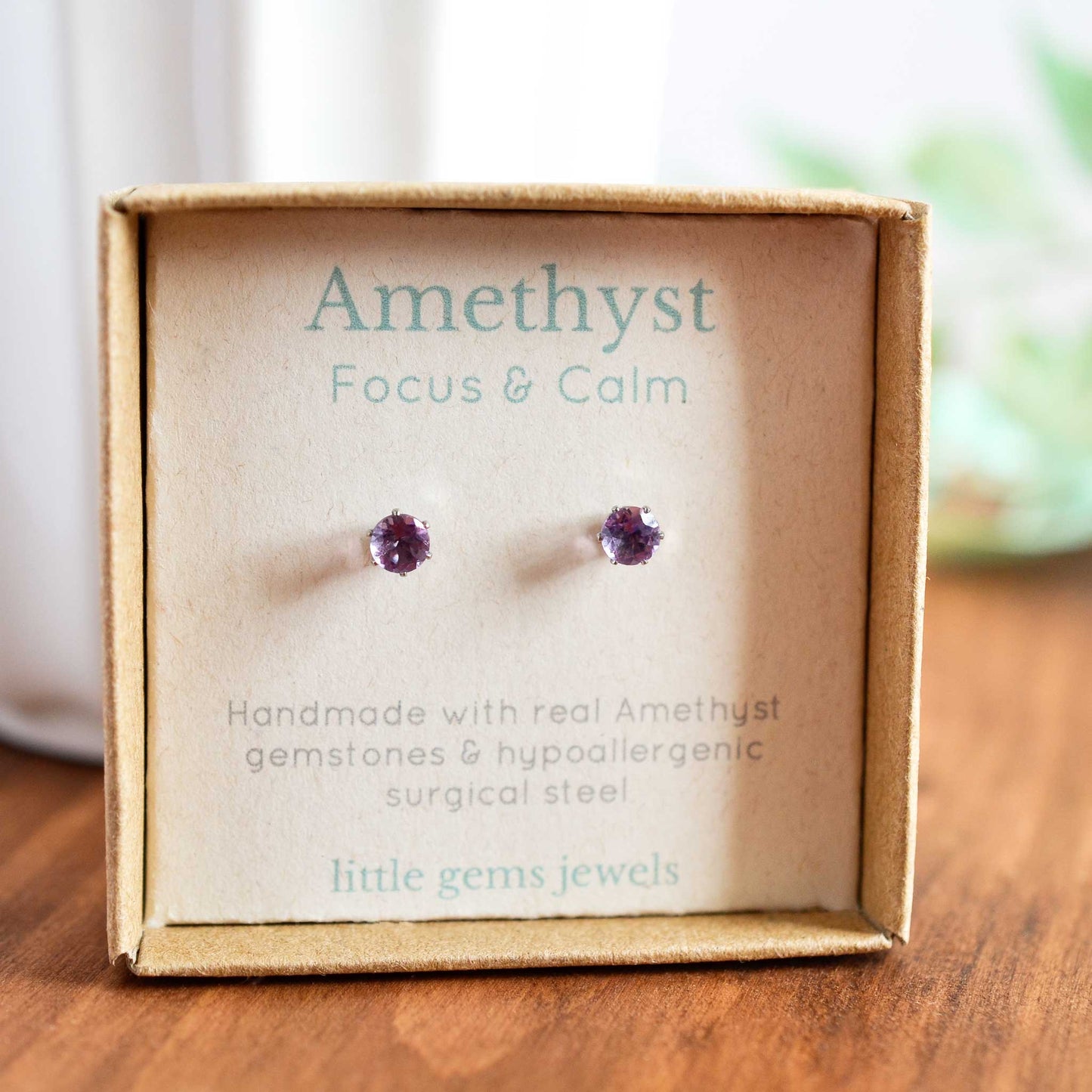 Tiny Amethyst gemstone stud earrings in gift box