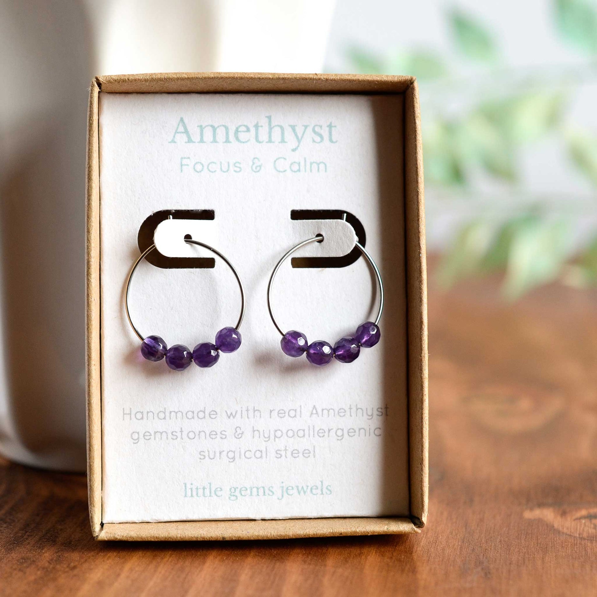 Amethyst hoop earrings in gift box
