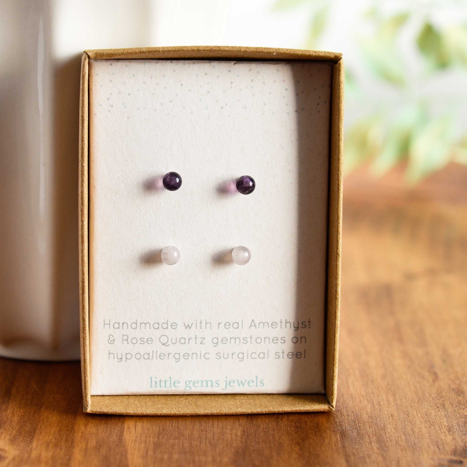 Amethyst & Rose Quartz gemstone stud earrings in eco friendly gift box