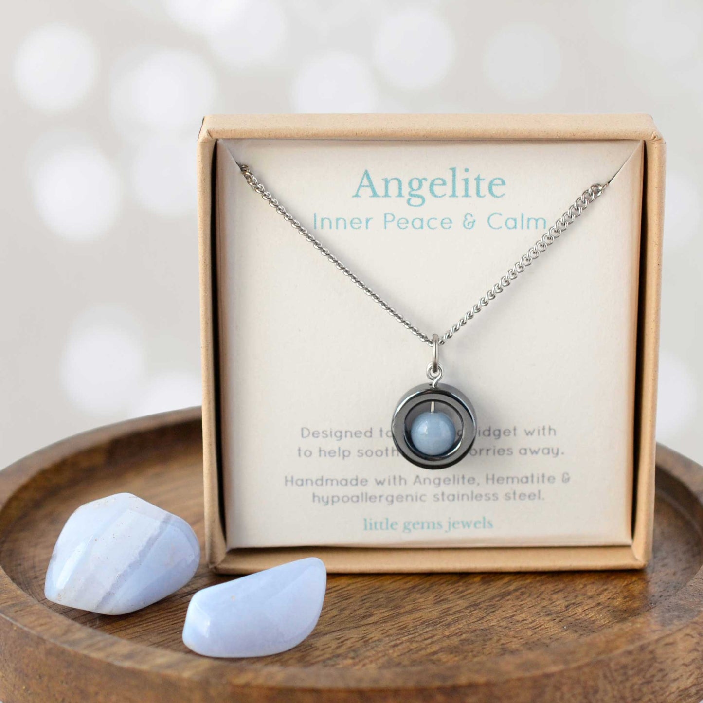 Angelite for peace and calm gemstone necklace in eco friendly gift box.