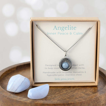 Angelite for peace and calm gemstone necklace in eco friendly gift box.