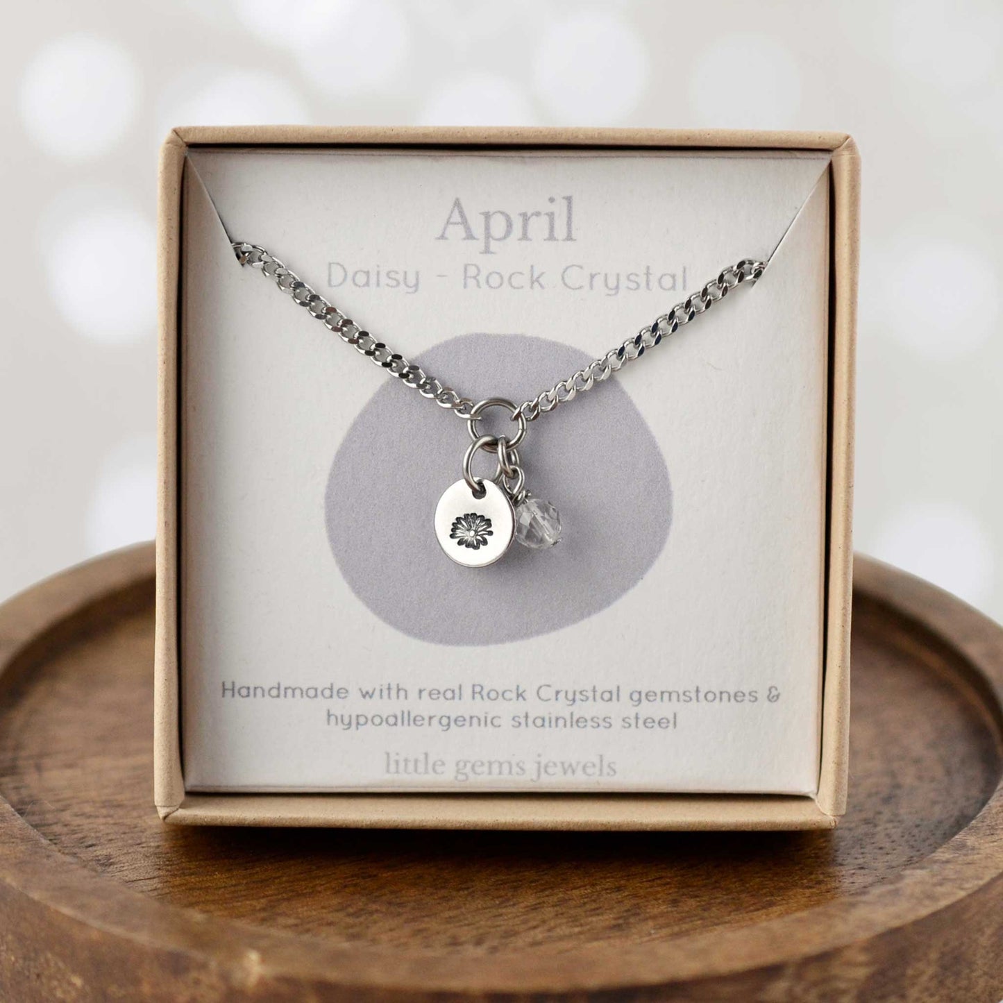 April Daisy Birthflower & Rock Crystal gemstone dainty charm necklace in eco-friendly gift box