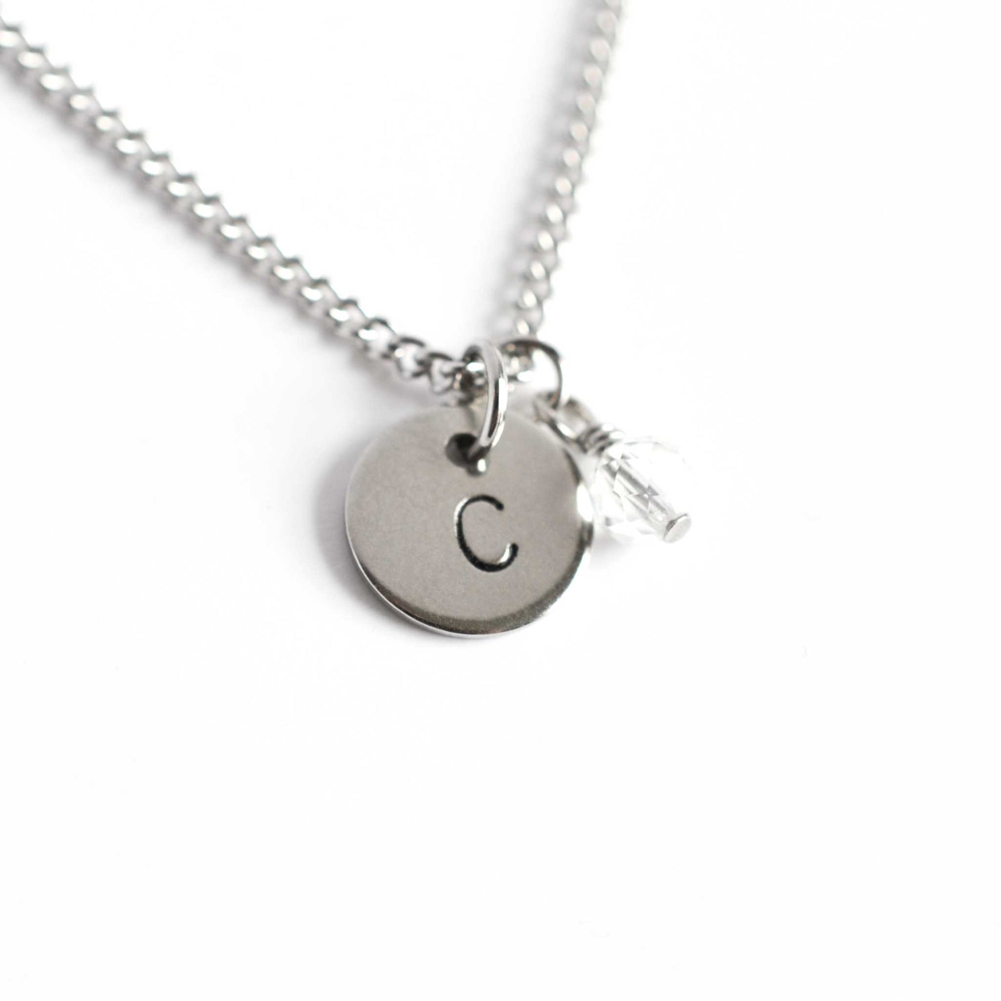 Letter C initial pendant with April Rock Crystal birthstone charm