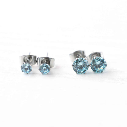 Aqua blue CZ stud earrings in 4mm & 6mm sizes