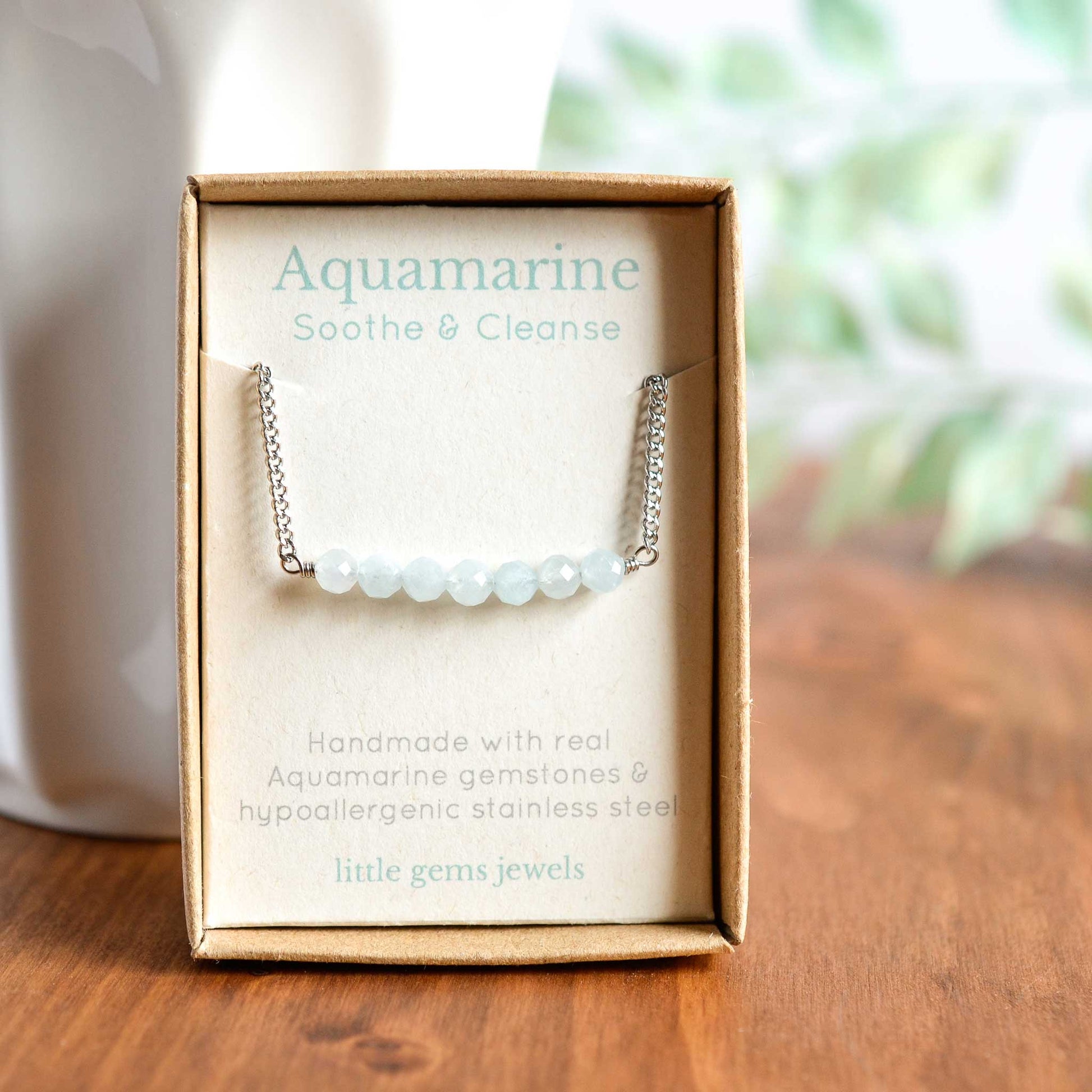 Aquamarine gemstone necklace in eco friendly gift box