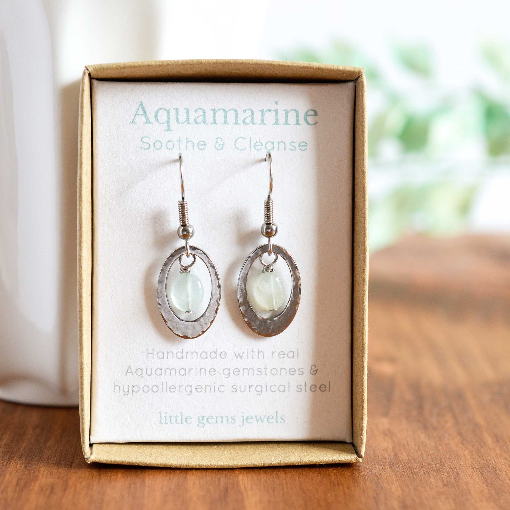 Aquamarine drop earrings in eco friendly gift box