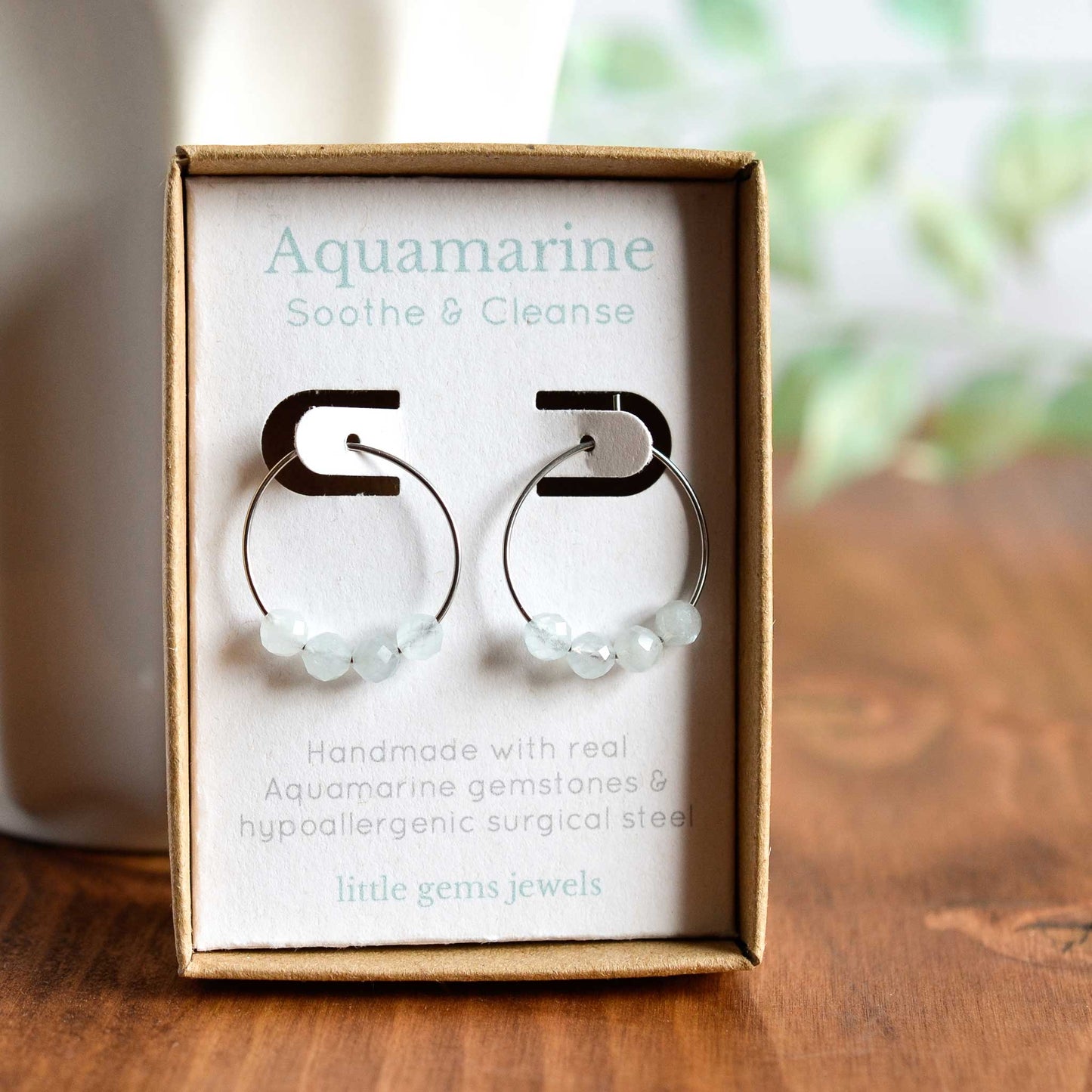 Aquamarine hoop earrings in eco friendly gift box
