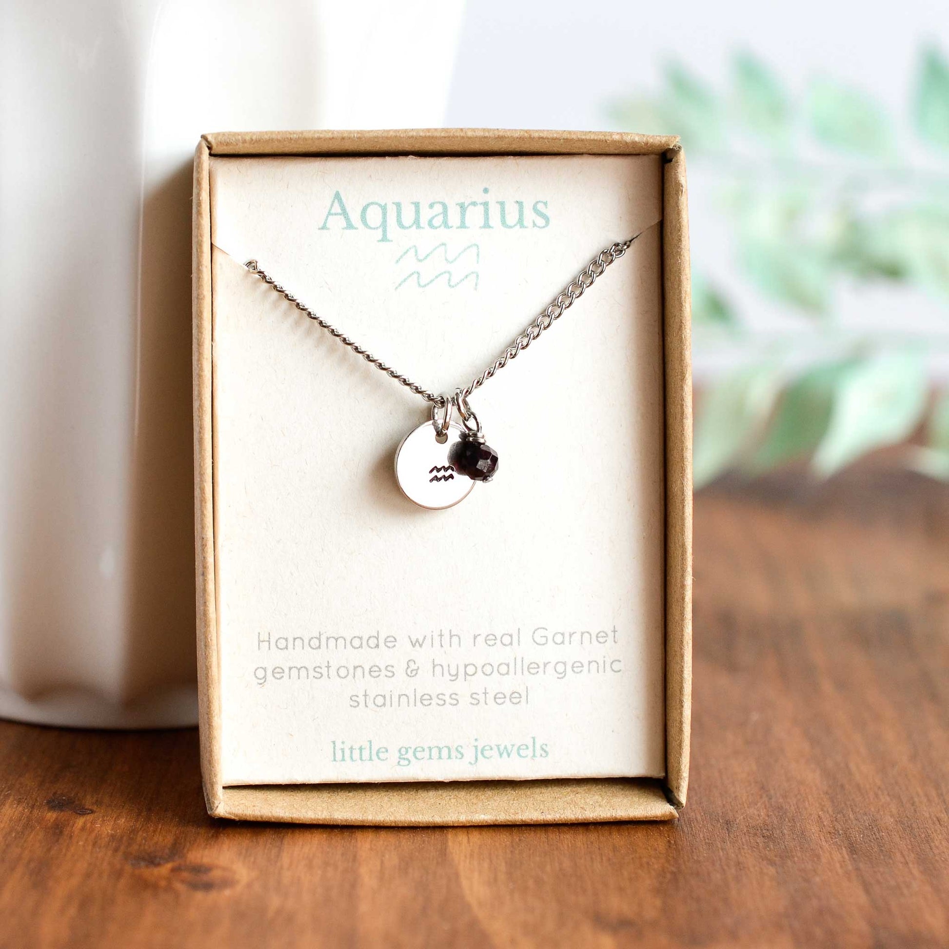 Aquarius zodiac sign and stone necklace in eco-friendly gift box