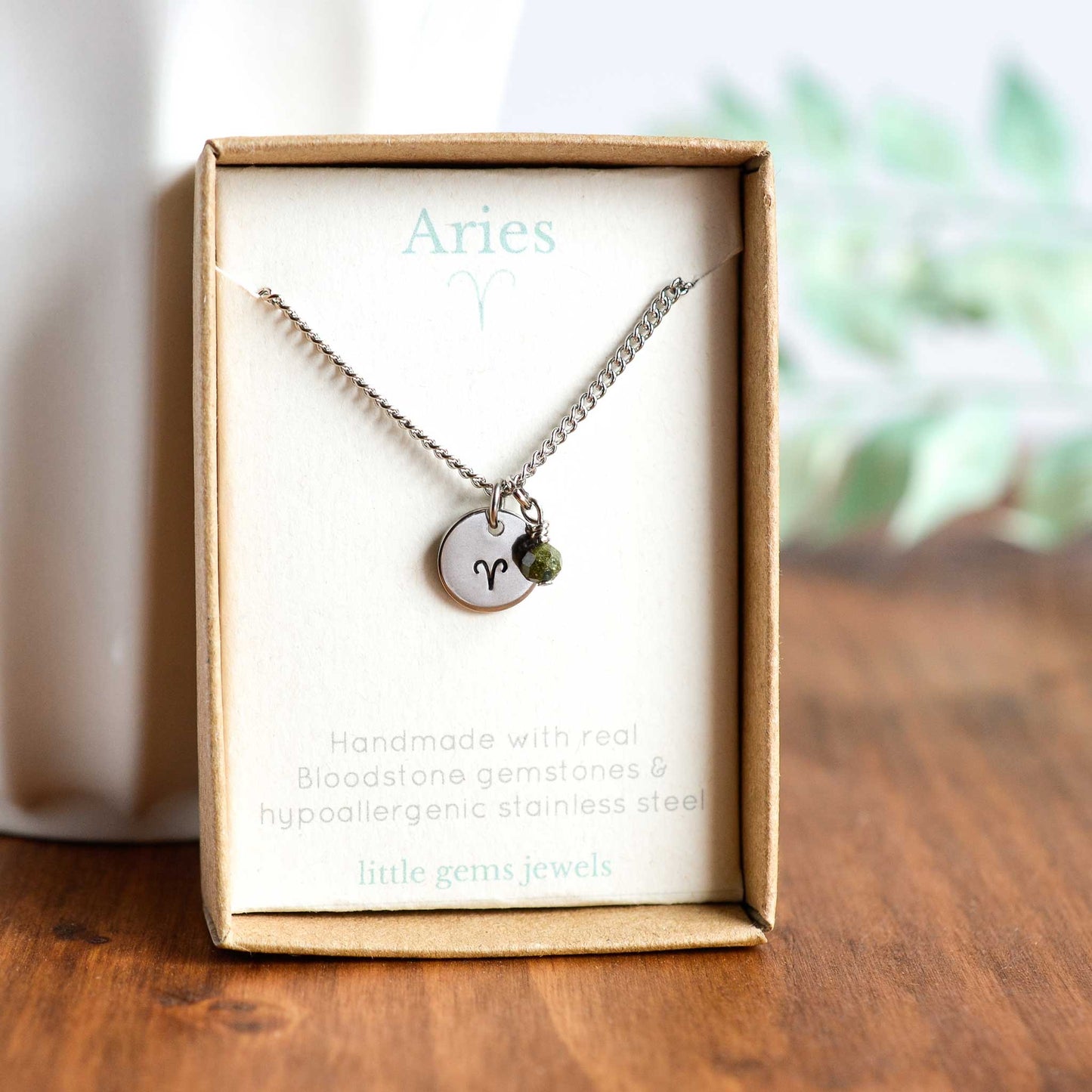 Aries zodiac sign and stone necklace in eco-friendly gift box